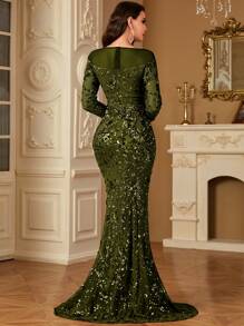 hezixi Plus Size Women's Spring/Summer High-Quality Elastic Sequin , Very Comfortable To Wear, Suitable For Different Body Wear, Formal, Party Dress, Gown, For Evening, Wedding Guest - Olive Green - View 7