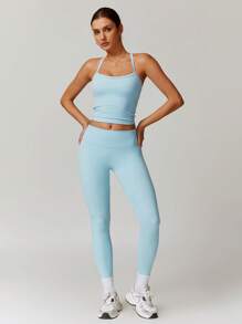 MASKERT 春夏女士运动服背心健身服紧身跑步服高弹力健身瑜伽服家居休闲舒适亲肤 - 淺藍色 - 查看 5