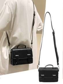 peach tree 1 件可调节肩带翻盖闭合纯色单肩包，休闲复古商务通勤防水 PU 迷你邮差斜挎包圣诞男士包度假爸爸礼物复古包包斜挎包春季复古包学校用品迷你包小包钱包大学包新生活用品学生男士必需品时尚男士包毕业男士小包男士身体包 - 黑色 - 查看 11