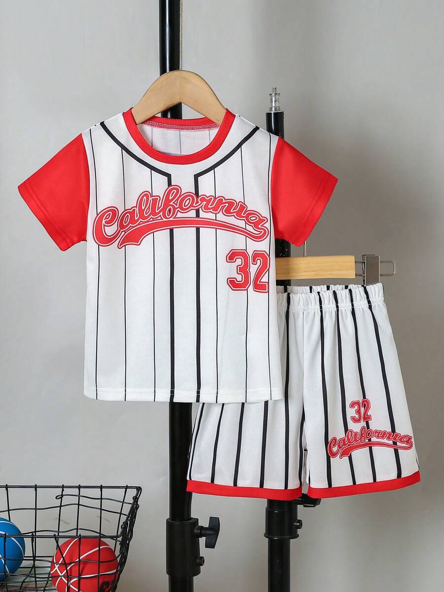 2 件套男童夏季白色条纹字母印花运动服套装，休闲运动图案运动服 + 短裤，透气面料适合夏季