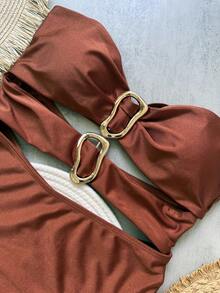 Einteiliger Badeanzug Einfarbig, asymmetrisches Metall-Accessoire, Europäischer & Amerikanischer Stil Frauen Bikini - Braun - Übersicht 2