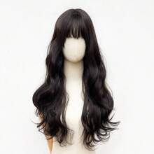 Black-BrownHeat Resistant Synthetic Wig, Medium Length Wavy With Bangs, Elegant Wig Suitable For Women's Daily Wear Cosplay