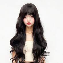Black-BrownHeat Resistant Synthetic Wig, Medium Length Wavy With Bangs, Elegant Wig Suitable For Women's Daily Wear Cosplay