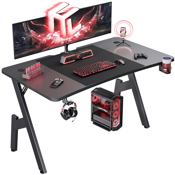 HLONONE Gaming Desk, Gaming Table, Sturdy PC Desk with Carbon Fibre Coating, Ergonomic Computer Desk with Headphone Hook and Drink Holder, Black