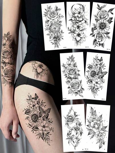 7pcs Black Floral Temporary Tattoos, Waterproof Realistic Large Rose Designs, Suitable For Women & Girls Arm & Body