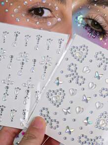4 件装脸部宝石自粘脸部水钻可粘贴于头发宝石化妆贴纸脸部、眼睛、指甲贴纸珍珠星形水钻纹身适合女士、女孩（4 张） - 彩色 - 查看 5