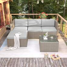 Flieks Garden Corner Sofa Rattan Garden Furniture Patio Set Garden Entertaining Set Garden Rattan Furniture Lounge Set - 卡其色 - 查看 3