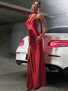 性感深 V 领露背缎带开叉晚礼服、派对礼服、婚礼宾客礼服、鸡尾酒会礼服
