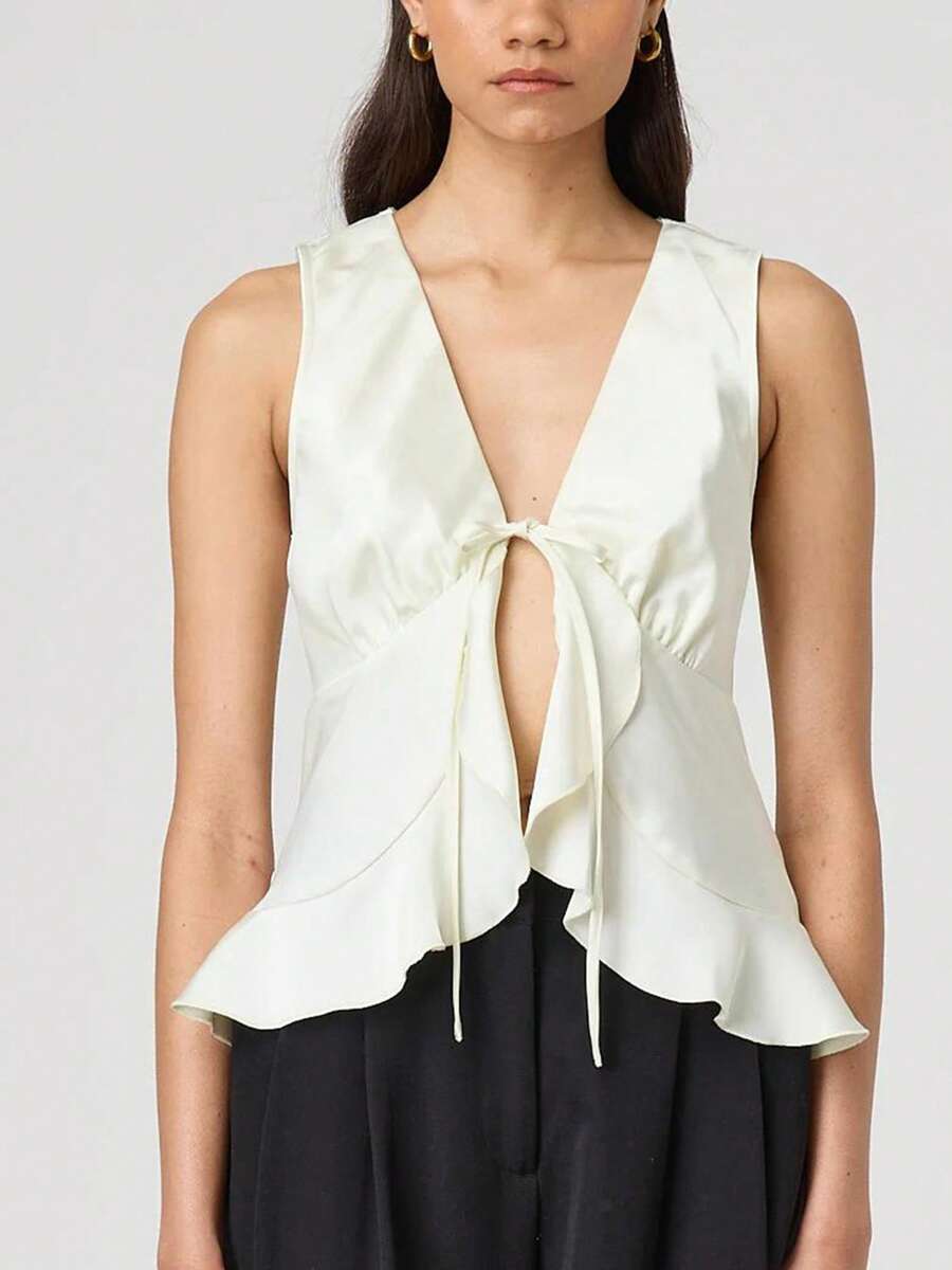 Women's Stylish Elegant Sleeveless Strappy Ruffle Vest Solid Color Jacket Summer Vest - White - View 1