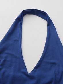 圆领纯色开衩短款背心，适合夏季的简约时尚 - 深藍色 - 查看 5