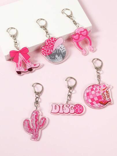 6 piezas de llaveros acrílicos de estilo disco color rosa, con diseños de sombrero con moño, bola de disco en color rosa intenso como decoración y suministros para fiestas de cumpleaños con tema de disco rosa, regalos creativos para fiestas de baby shower, fiestas familiares y fiestas de discos, con tema de vaquera rosa y botas impresas.