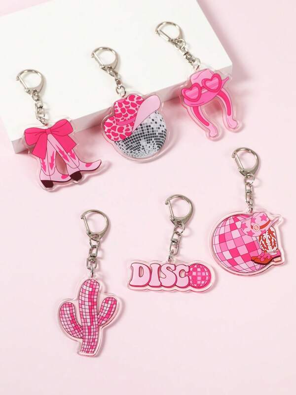6pcs Pink Disco Style Acrylic Keychains, Hot Pink Hat Bowknot Disco Ball Pattern Key Chain For Pink Disco Theme Birthday Decorations Supplies, Happy Birthday Party Supplies, Disco Birthday Babe Shower Family Holiday Party Creative Gift Supplies, Pink Disco Theme Decor, Pink Cowgirl Hat Boots Printed Key Ring, Pink Disco Theme Party Favors Supplies