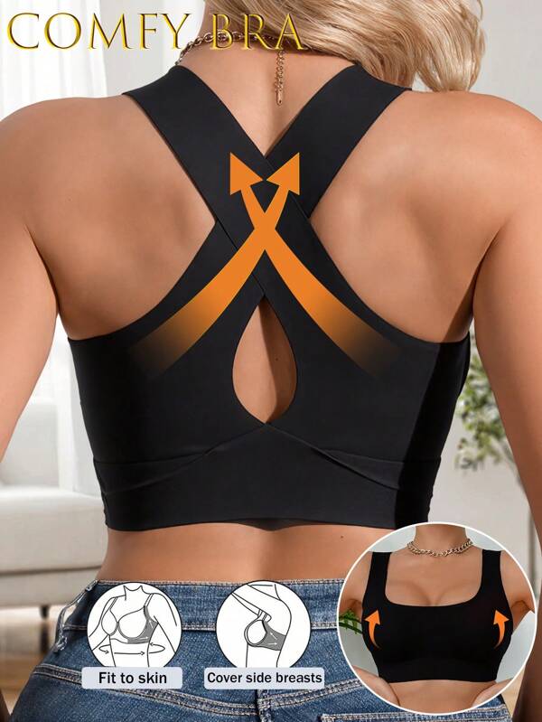 Comfy Bra Women Sexy Criss Cross Back Push Up Bras Soft Cups Wireless Bralette U Neck Removable Padding Seamless Not Transparent Backless Lingerie Traceless Underwear Crop Tops Intimates Tank Top Training Brassiere Breathable Fabric Wide Straps Suitable For Party Wedding Or Dress For Fitness Yoga Running And Sports Venues