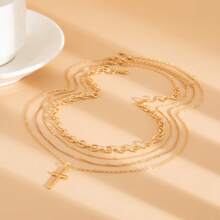 4pcs Fashion Cross Alloy Pendant Necklaces With Geometric Multi Layer Chain Design, Versatile Accessories For Women