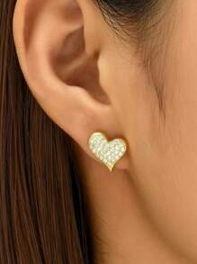 1 Pair Fashionable High-End Cubic Zirconia 18K Gold-Plated Heart Earrings, Delicate Minimalist Jewelry Accessories