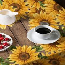 1pc Wood Grain Sunflower Print Tablecloth, Modern Polyester Rectangular & Round Waterproof Tablecloth, Digital Printing Suitable For Living Room, Home, Outdoor Dining Table, Small Round Table - Multicolor - View 5