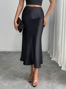 Mobula Sound Spring And Summer Sexy Fitted Mermaid Skirt, Satin Smooth Fabric, Party Skirt, Versatile, Casual Fashionable, Elegant Women Clothing, Drapey Skirt - Black - View 5