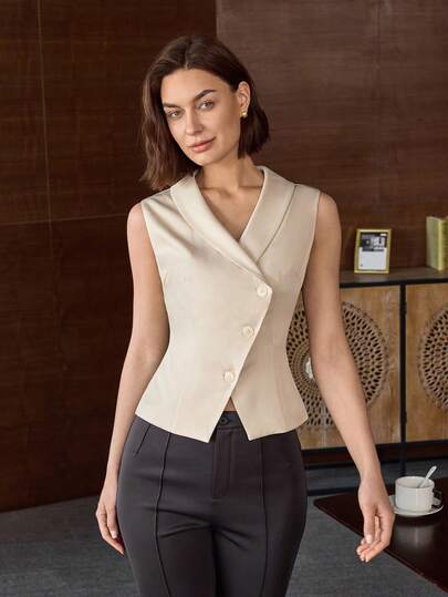 Women's Solid Color Fashion Angled Buttoned Top, Summer