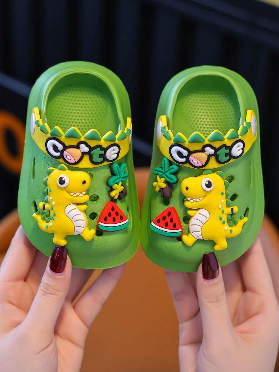 Kids Dinosaur Design Shower Slide Sandals, Cartoon Cute Soft Bottom Closed Toe Slippers For Toddler Boys And Girls - Green - View 1