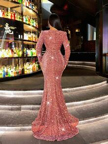 CHOSMO 新款秋季亮片长袖橙色舞会礼服，魅力优雅修身高腰晚礼服，女士长款连衣裙，正式长款连衣裙，长袖连衣裙，适合婚礼、春季派对等场合。 - 藕粉色 - 查看 3