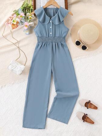 Elegant Loose Fit Ruffle Trim Button Up Jumpsuit For Girl, Summer Gift
