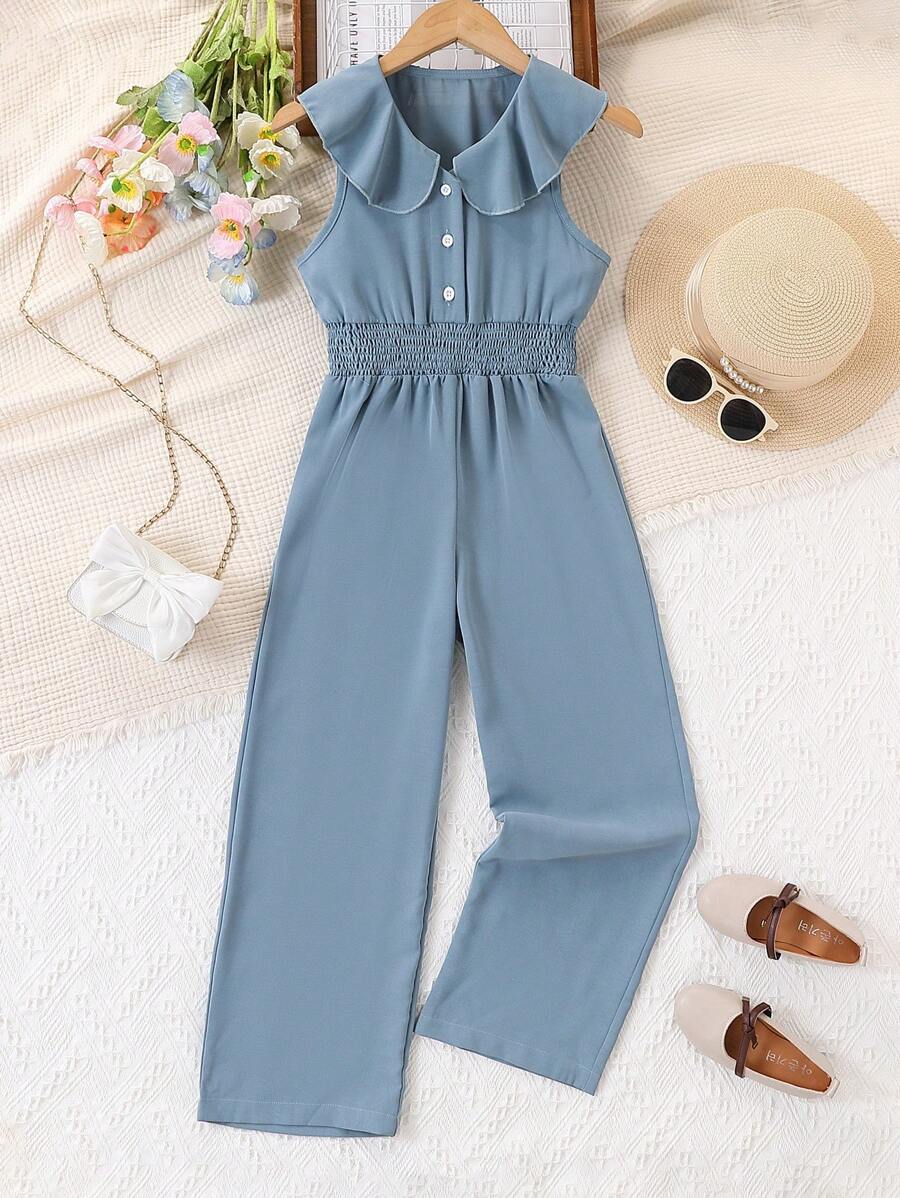 Elegant Loose Fit Ruffle Trim Button Up Jumpsuit For Girl, Summer Gift - Blue - View 1