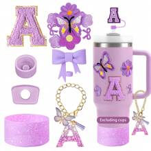 Accesorios especialmente diseñados para tazas, accesorios para tazas con estilo de lazo morado, de 30 y 40 onzas, tapa con pajita de silicona, colgante con letra de identificación, letras autoadhesivas Schunier. Cubierta protectora para tazas y varios accesorios
