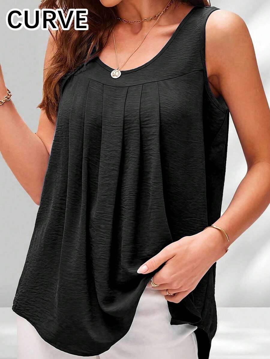 Plus Women's Crew Neck Ruched Tank Top - Black - View 1