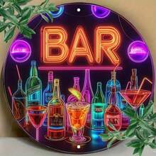 1pc Bar Metal Sign, Vintage Flat Metal Round Poster With Colorful Drink Bottles And Wine Glasses, Art Bar Wall Decor, Suitable For Bar, Cafe, Beach House, Backyard, Size: 19.81 X 19.81 Cm, Random Hole Position
