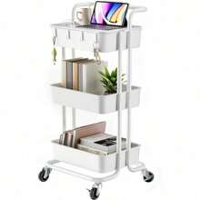 3 Tier Rolling Cart With Table Top, Utility Cart With Wheels & 4 Hooks, Rolling Storage Cart For Home Storage And Organization, White, PIUC09W