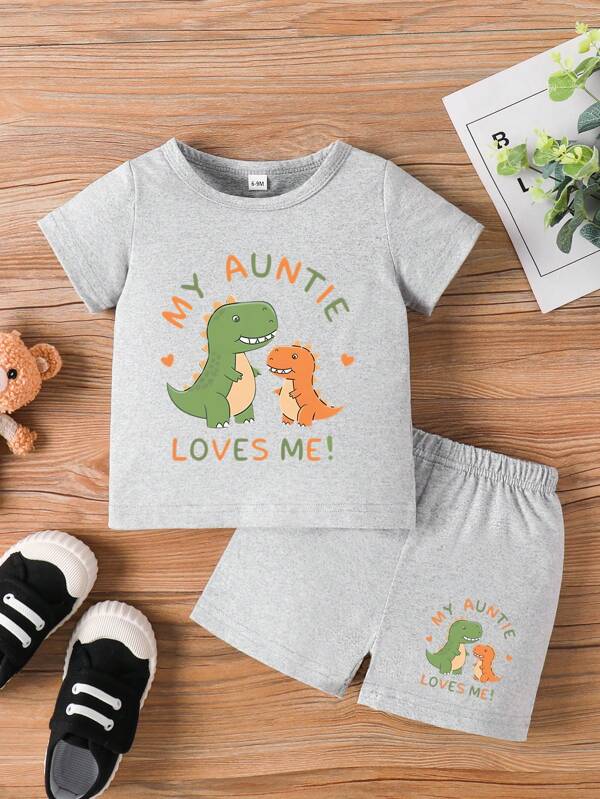 2pcs Baby Boys' Animal Letter Print Short Sleeve Top And Shorts Set, Summer