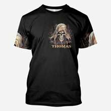 男士“我永远不会孤单，我的恶魔与我同在”骷髅印花短袖T恤 - 彩色 - 查看 2