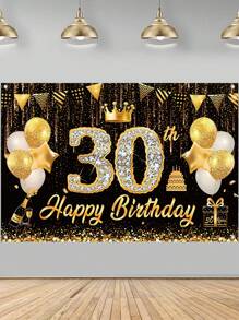 1块亮黑色金色“生日快乐”背景布，适用于30岁、40岁、60岁、70岁、50岁生日派对装饰，150*100厘米涤纶背景布，亮面生日拍照背景布，生日庆祝背景布，家居装饰，房间装饰，墙面装饰，生日横幅装饰，节日派对用品 - 黑金生日 - 查看 8