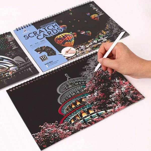 Set de 10 tarjetas para rascar con diseños de paisajes urbanos - Arte DIY de rascar colorido para adultos, regalo de fiesta, vuelta al colegio, útiles escolares