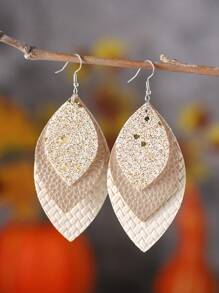 1 Pair Boho Layered Teardrop & Diamond Shape Faux Leather Leopard Print Dangle Earrings, Leaf Design Personalized Fashionable Earrings, Gift For Women