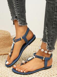 Dép xăng đan thoải mái thời trang mùa hè 2025 cho nữ, dép xỏ ngón đi biển Bohemian có khóa cài bằng đá Rhinestone co giãn - Màu xanh hải quân - Xem 4