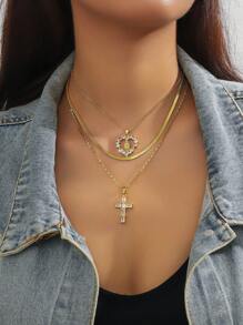 3 Pieces Of Retro Metal Style Heart-Shaped Hollowed Out Virgin Mary Zirconia Pendant+Diamond Studded Cross Pendant Multi-Layer Necklace Set For Women Jewelry Suitable For Christian Holidays Such As Easter, Ascension, And Daily Wear - Yellow Gold - View 1