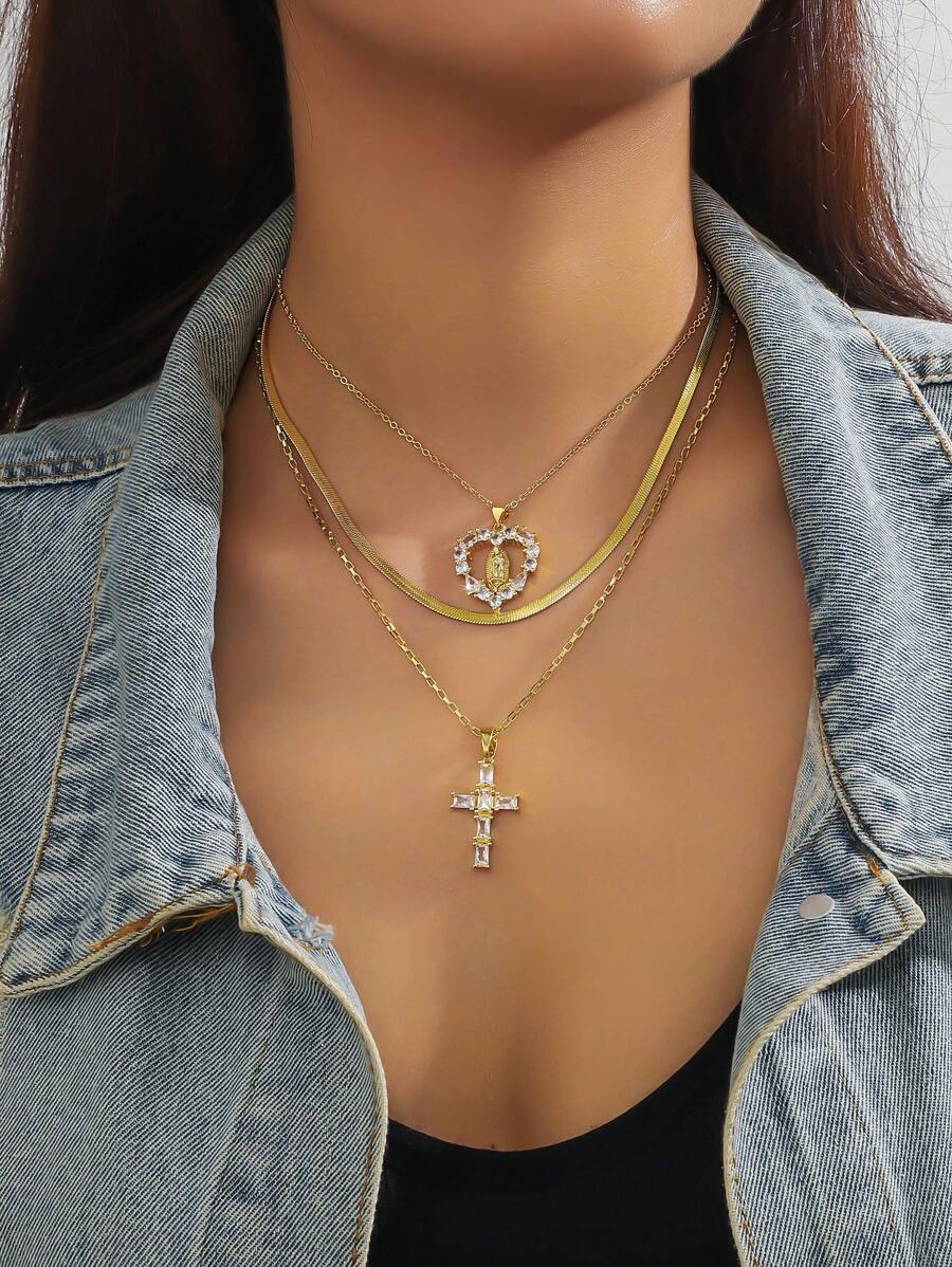 3 Pieces Of Retro Metal Style Heart-Shaped Hollowed Out Virgin Mary Zirconia Pendant+Diamond Studded Cross Pendant Multi-Layer Necklace Set For Women Jewelry Suitable For Christian Holidays Such As Easter, Ascension, And Daily Wear - Yellow Gold - View 1