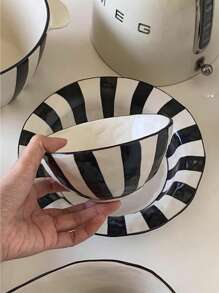 1 件黑白陶瓷条纹餐具套装，包括碗、甜点碗、沙拉碗、早餐碗、意大利面盘，适用于家庭、餐饮、节日、家庭聚会