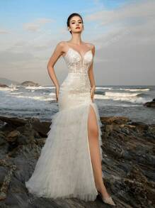 Vestido de novia de sirena con aplicaciones de encaje, escote pronunciado en V y patchwork, vestido de cóctel elegante para la novia