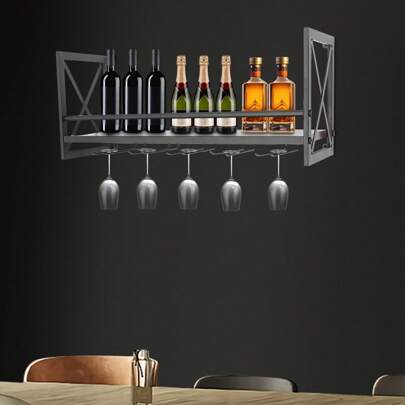 Eatssode Portabottiglie da parete con portabicchieri, portabottiglie in legno, portabottiglie da parete industriale per sala da pranzo, bar, cucina