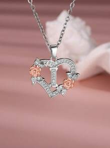Tsnamer 1 Stück exquisiter Halskette mit kubischem Zirkonia-Initialen und herz-geschnitztem 26 Buchstaben A-Z sowie Blumen, Damen Schmuck für den täglichen Gebrauch