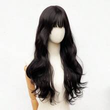 Black-BrownHeat Resistant Synthetic Wig, Medium Length Wavy With Bangs, Elegant Wig Suitable For Women's Daily Wear Cosplay