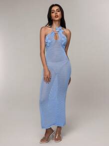 Neues Frühlings- und Sommerkleid für Frauen aus blauer Spitze mit Schnürung, rückenfrei, brustumschmeichelnd, gestrickt, elegant und sexy Musikfestival-Urlaubsstil, ausgehöhlt, lange Halskordel