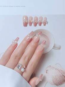 10pcs Handmade Press On Nail False Nail Fake Nail Tip Nail Stickers Coffin Milk White [ 100% Handmade, Patterns And Decorations Have Some Randomness ] - Pink - View 4