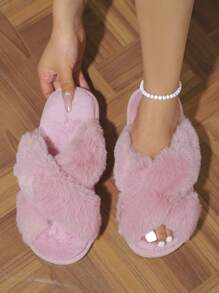 Women's Criss-Cross Fluffy Slip-On Slippers, Fluffy Rabbit Fur Crossover Style, Cross-Border Slippers - Pink - View 6