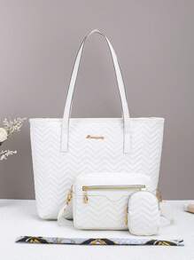 3pcs Set Quilted Wave Pattern Large Capacity Tote Bag With Matching Shoulder Crossbody Camera Bag And Coin Purse, Classic Color Block - Multicolor - View 5