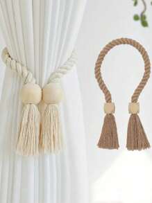 Sujetacortinas magnéticos con borlas de madera y cuerda tejida a mano - Diseño sólido de madera bohemio para dormitorio/sala de estar/cocina/oficina/jardín, sostenedores ajustables sin herramientas para cortinas finas y gruesas + Decoración del hogar bohemia