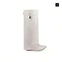 Padlock Detail Fold Over Wedge Knee High Boots - Bone - View 2