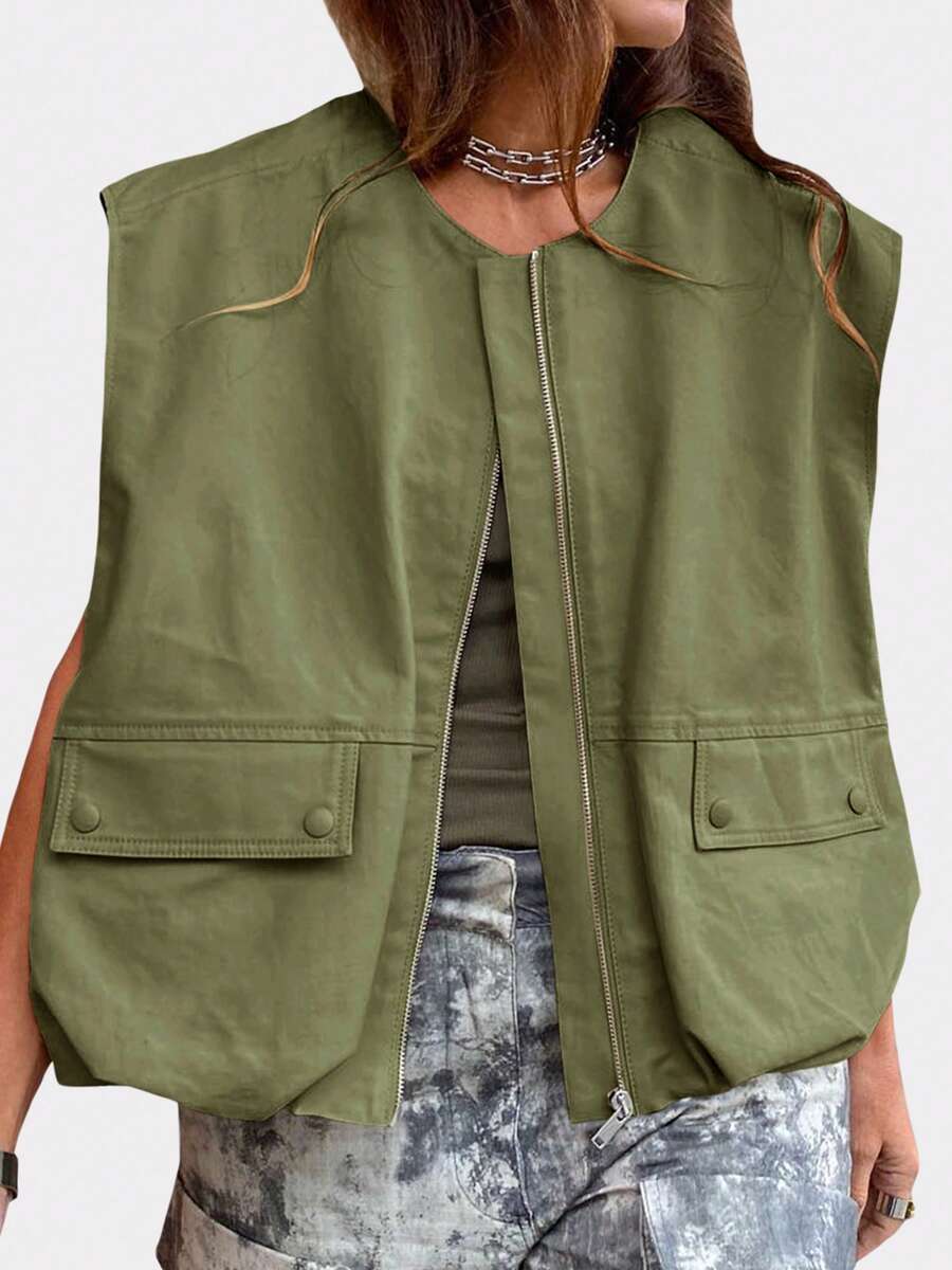 Women's Zip Up Vest Sleeveless Solid Color Oversized Jacket Tops Loose Fit Summer Tops